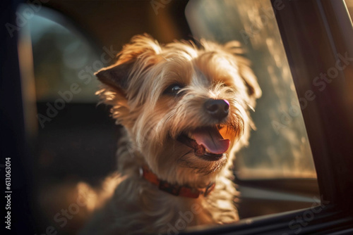 Panting dog locked inside a car in summer. Generative AI illustration © Firn