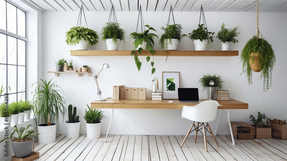 This simple but inviting office area is given life with hanging plants. GENERATE AI