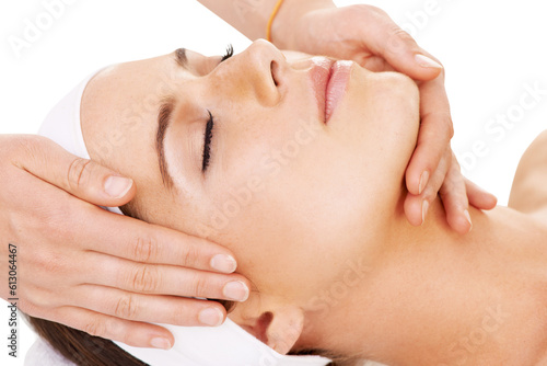 Face massage, spa and calm woman relax in beauty salon for clinic luxury care, support or facial treatment. Zen person, wellness hands or masseuse care service isolated on transparent, png background
