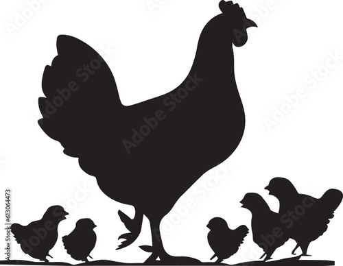 Fotografija chicken with her child vector silhouette