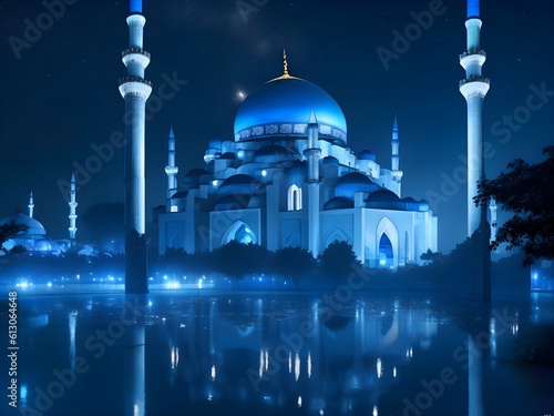 mosque in the night for islamic celebrations day background created using generative AI technology