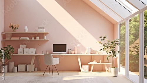 This modern workspace s blush pink and crisp white surfaces are lit by natural light. GENERATE AI