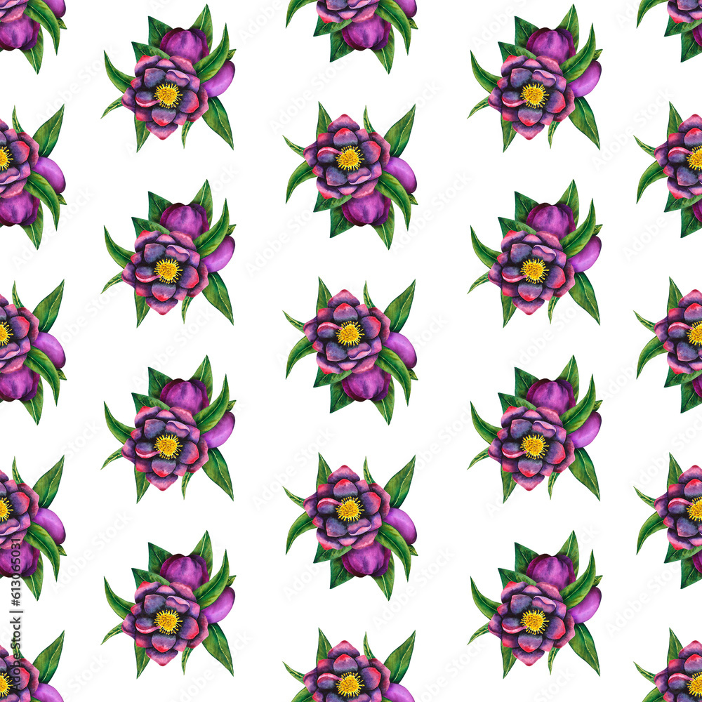 Hellebore black. Seamless pattern of watercolor elements. Hand drawn flowers, buds and leaves. Watercolor botanical work for cards, invitations, textiles and paper products