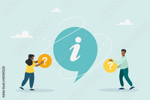 Information symbol. Information center online. Customer support, useful information, guides, frequently asked questions. Flat cartoon style. Vector illustration. 