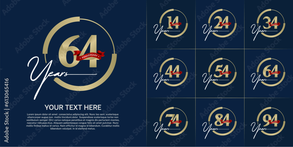 set of anniversary logo with golden number in circle and red ribbon can be use for celebration set of anniversary logo with golden number in circle and red ribbon can be use for celebration