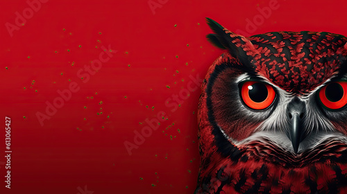 Banner with funny forest owl on a beautiful magical red background. Symbol of wisdom. Copy space Generative AI