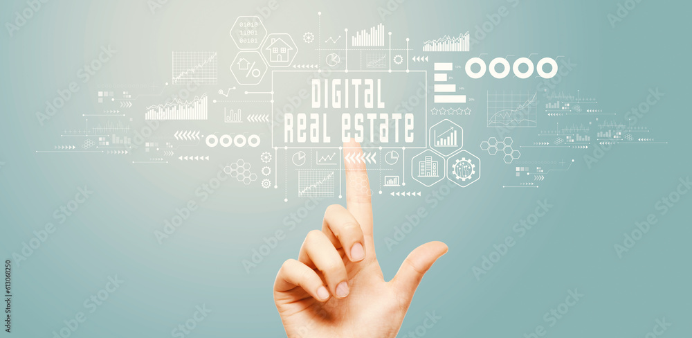 Digital Real Estate concept with hand pressing a button on a technology screen Digital Real Estate concept with hand pressing a button on a technology screen
