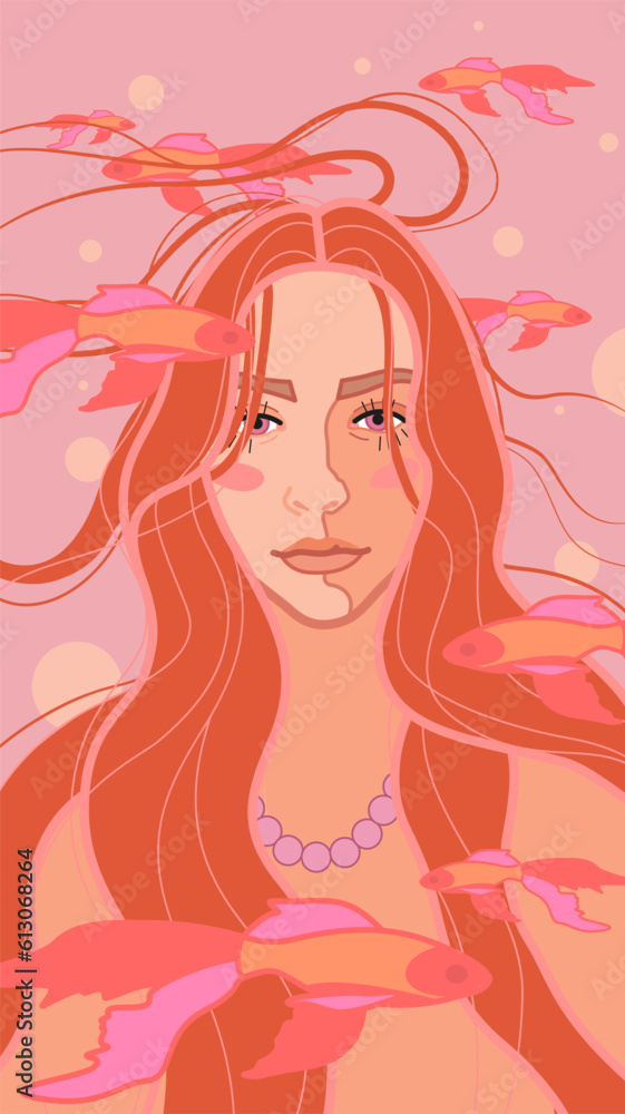 An illustration depicting a portrait of a girl personifying the Pisces zodiac sign