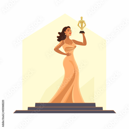 Best film actress winner holding a golden statuette award on a stage, isolated vector illustration