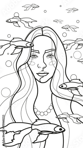 coloring page with the image of a girl in the image of a mermaid surrounded by fish