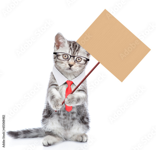 Smart kitten wearing eyeglasses and necktie standing on hind legs looks at camera. isolated on white background