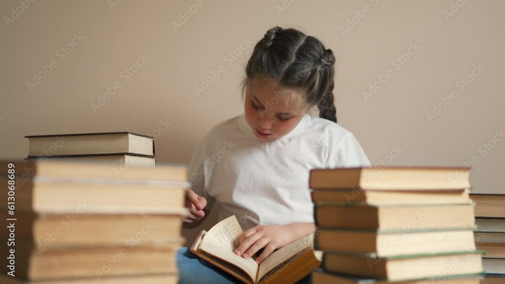 Teenage girl in library reads lot of books. Happy smart generation of kids schoolchildren, students. Reading books in library. Interesting books, desire for knowledge. generation of smart kids Teenage girl in library reads lot of books. Happy smart generation of kids schoolchildren, students. Reading books in library. Interesting books, desire for knowledge. generation of smart kids