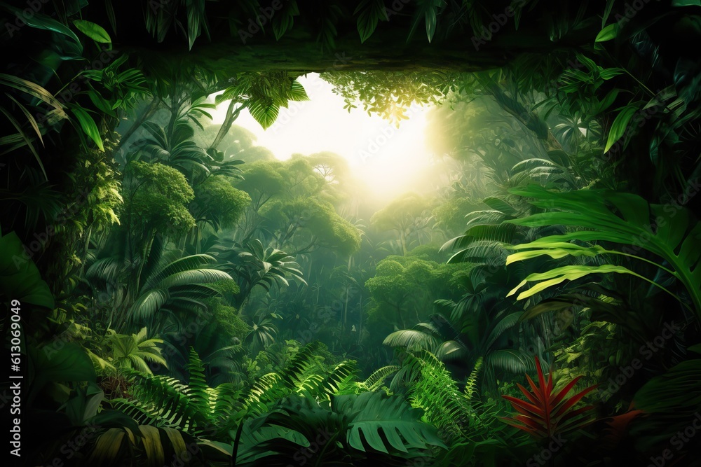 rainforest frame with lots of copy space, generative ai