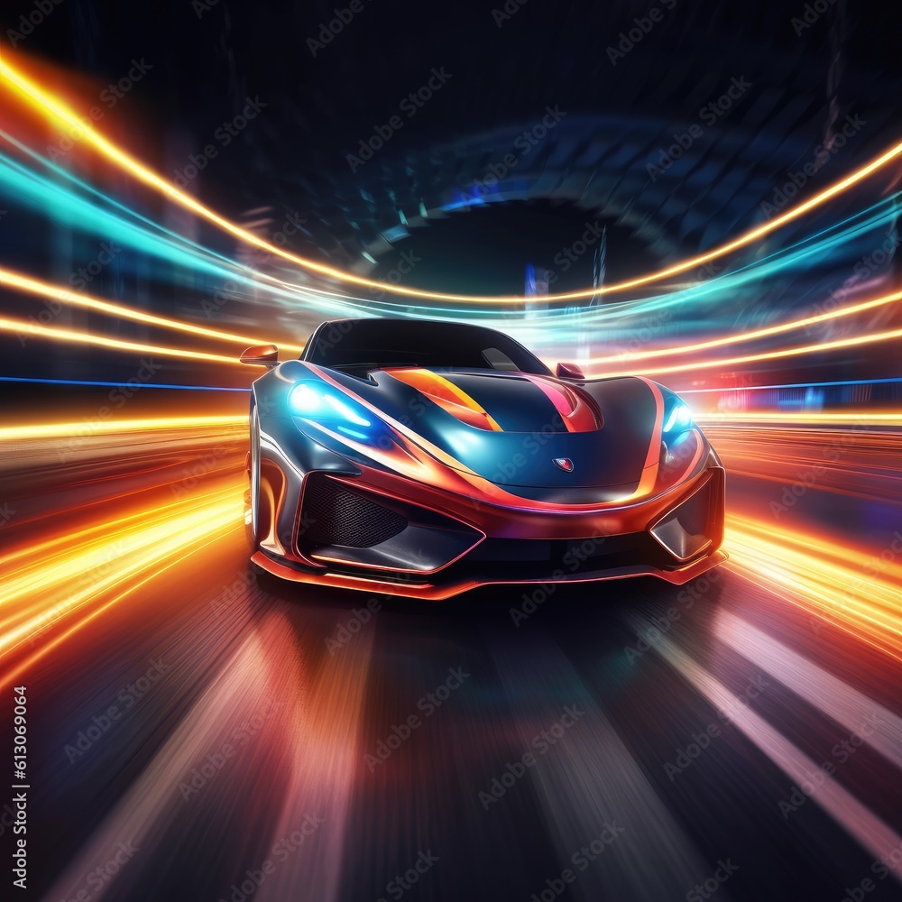Cyber neon car rushes along the night road with neon lights at high speed. AI Generation