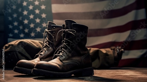 Military boots and American flag in the background. Generative AI photo