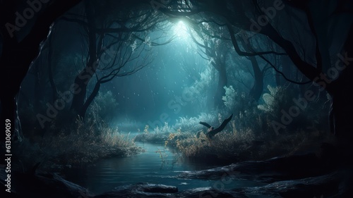 Mystical forest scene at night as digital art. Generative AI