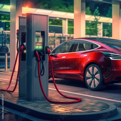 An electric vehicle charger supplies power to a modern car, embracing eco-friendly transportation., generative ai