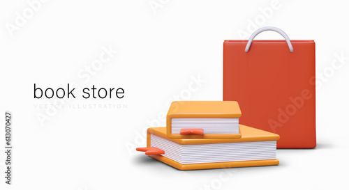 Bright advertisement for bookstore. 3D books in cartoon style. Paperback, hardcover volumes with bookmarks. World book day. Gift for person of any age