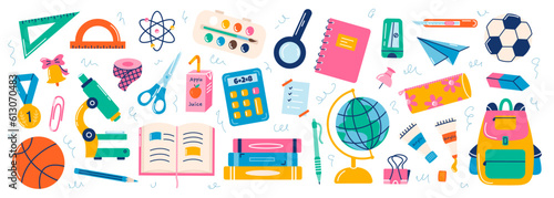 Set of school supplies. Vector flat illustration in hand drawn style. Back to school