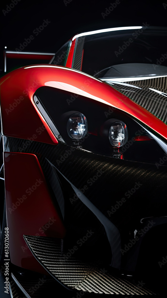 Aerodynamic red exotic supercar detail of gloss carbon part with beautiful shapes. Generative AI