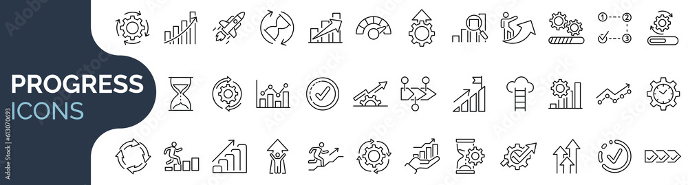 Set of outline icon related to progress, growth, efficiency. Linear icon collection. Editable stroke. Vector illustration