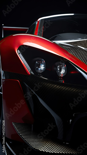 Aerodynamic red exotic supercar detail of gloss carbon part with beautiful shapes. Generative AI photo