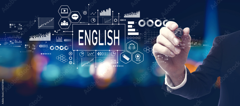 Fototapeta premium Learning English concept with businessman in a city at night