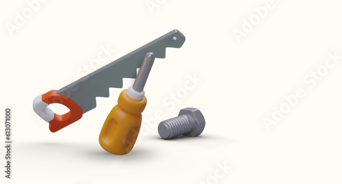 Basic repairs, simple jobs. Repair of minor damage. Fitting and installation of furniture. Modern poster with realistic illustration. Home improvement. Floating instruments