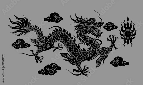 Chinese dragon graphics Line patterns on a flat colored background are used for decoration.