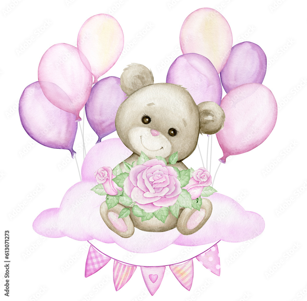 Cute teddy bear, clouds, pink balloons, holding a bouquet of flowers ...