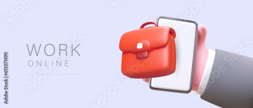 Online work. 3D male hand holding smartphone with office briefcase. Remote execution of tasks. Self organization. Remote access to project. Freelance. Work during quarantine