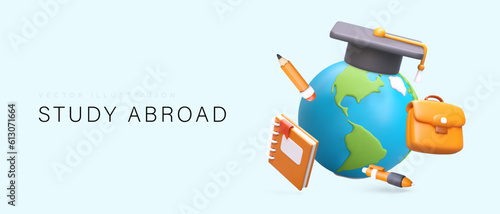 Student programs for education abroad. Trips to other countries. Language tours, summer camps. Advertising horizontal vector banner with realistic elements