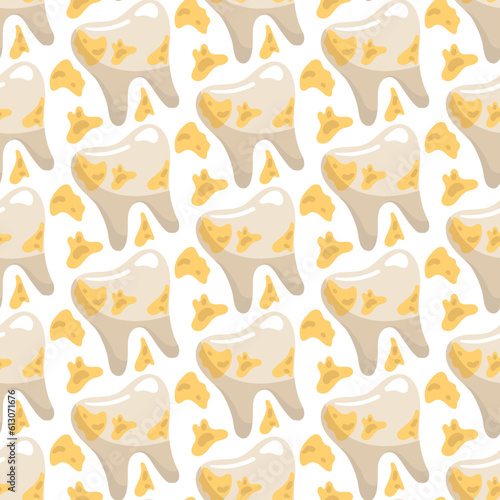 A pattern of simple teeth with a touch. Dental treatment. The theme is teeth with a touch. Cartoon vector illustration. White background for printing on fabric and wrapping paper. Seamless pattern