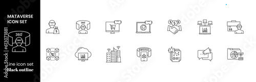 Black Vector Outline Metaverse icon set , Avatar , Virtual reality Glasses, Future Technology, web 3.0 icons.