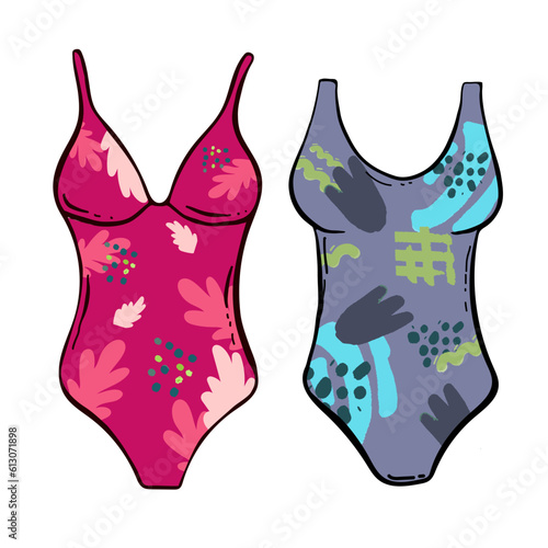 Female one-piece swimsuit. Modern blue swimwear with bright multicolor pattern. Women swimming clothes. Flat colorful vector illustration isolated on white background