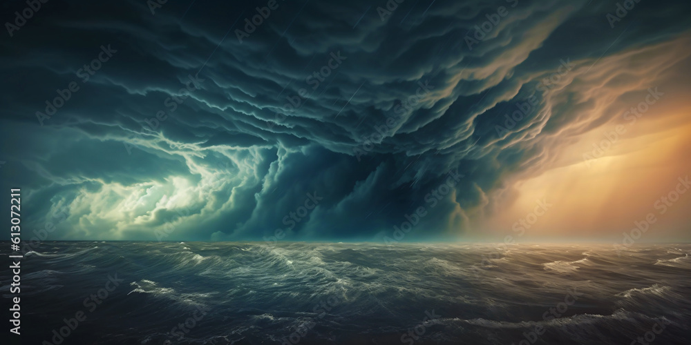 cloudy and windy storm in a stunning sea landscape, power of thunderstorm and dramatic weather in climate change, fictional landscape created with generative ai