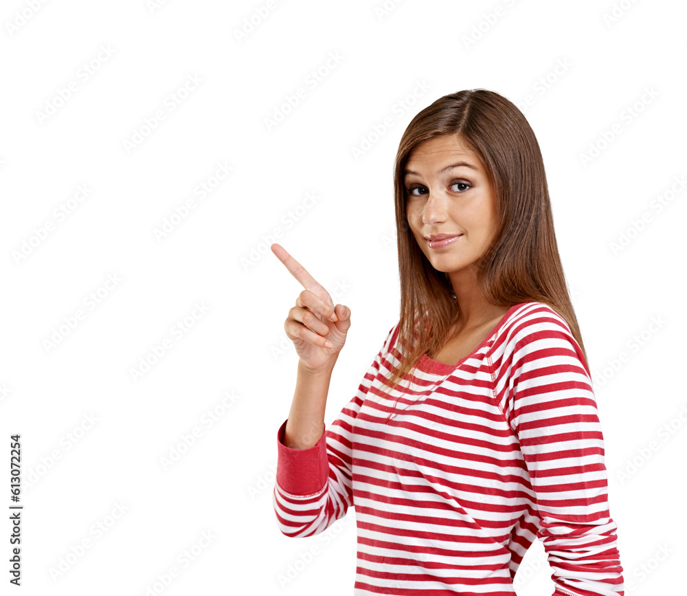 Marketing, pointing and portrait of a young woman showing product placement for advertising. Presentation, casual and beautiful female model with finger gesture isolated by transparent png background Marketing, pointing and portrait of a young woman showing product placement for advertising. Presentation, casual and beautiful female model with finger gesture isolated by transparent png background