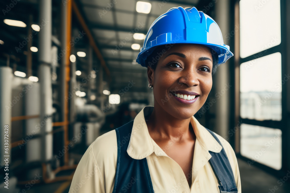 Digital portrait of a smiling senior confident female industrial engineer standing in Heavy Industry manufacturing. Concept of active age. Generative AI Digital portrait of a smiling senior confident female industrial engineer standing in Heavy Industry manufacturing. Concept of active age. Generative AI