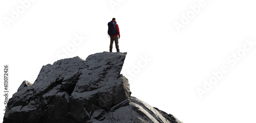 Rocky Mountain Peak with man Standing. Transparent background. Adventure Concept. 3d Rendering