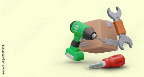 Online store of tools for repair and construction services, forwarding by mail. 3D cardboard box, screwdriver, wrench, electric drill. Advertising poster in modern style