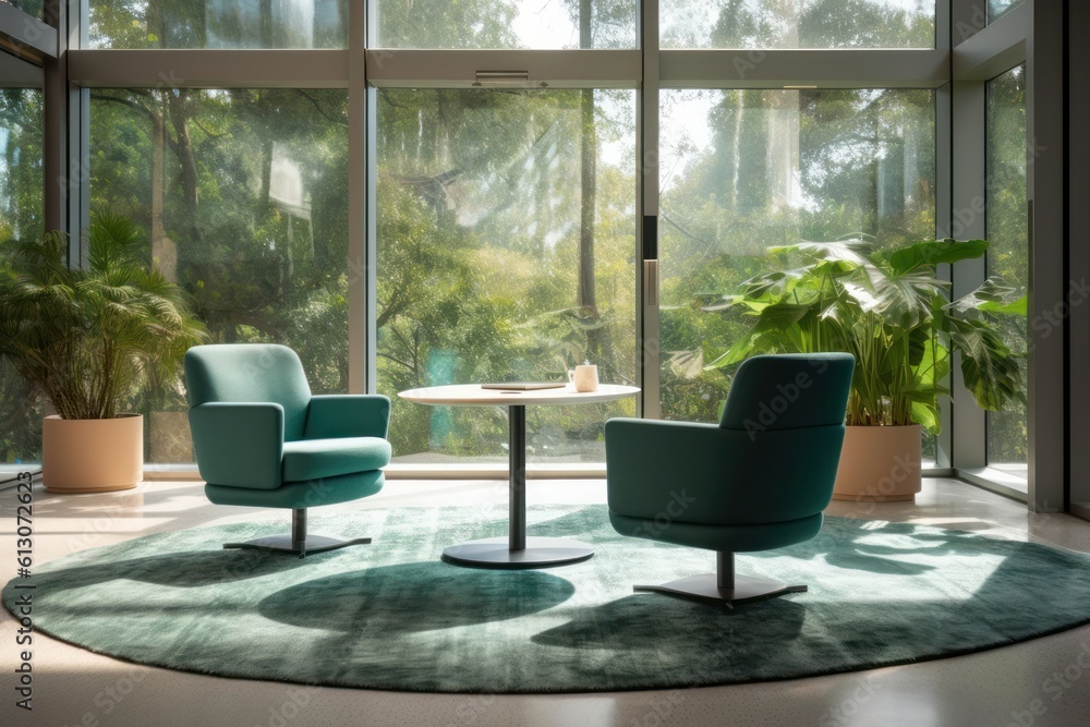 Sunlit lounge with armchair and rug in a modern minimalist setting. 3d render. Sunlit lounge with armchair and rug in a modern minimalist setting. 3d render.