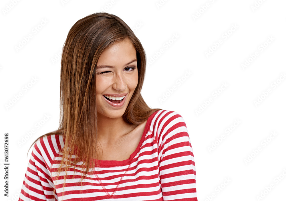 Wink, fashion and portrait of woman flirting on isolated, png and transparent background. Love, natural beauty and face of happy female person with romantic sign in trendy, style and casual clothes Wink, fashion and portrait of woman flirting on isolated, png and transparent background. Love, natural beauty and face of happy female person with romantic sign in trendy, style and casual clothes