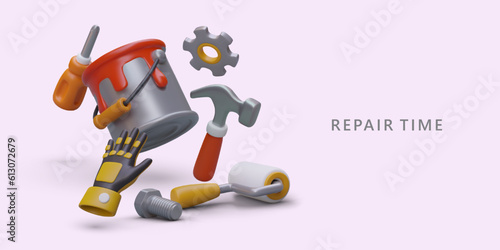 Repair time. Advertising banner on light purple background. Individual tools for minor and major repairs. Large catalog of modern equipment. Vector concept for online store