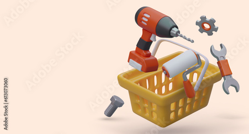 Realistic shopping cart with working tools. Paint roller brush, electric drill, wrench, bolt, gear. Everything you need for repair and construction. Poster for manufacturer, store