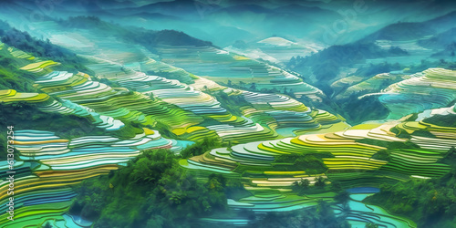 Abstract landscape rice terraces field in colorful.nature agriculture patterns beautiful greeny hills or valley mountain.generative ai art