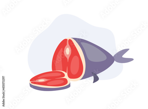  Cooking food ingredient. Sea food, tuna meat. Fish products illustration. Fish fillet. Flat vector cartoon illustration