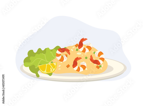 Seafood fried rice. shrimp fried rice. fried rice on plate. Asian food. Flat vector cartoon illustration