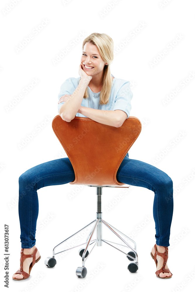 Happy, portrait and blonde woman on chair isolated on a transparent png background. Style, fashion and smile of female person sitting on seat with casual clothes, outfit and trendy jeans in Sweden Happy, portrait and blonde woman on chair isolated on a transparent png background. Style, fashion and smile of female person sitting on seat with casual clothes, outfit and trendy jeans in Sweden