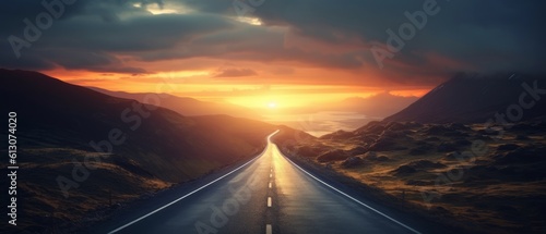 An endless road stretching to the very horizon. Concept of success and new opportunities. Generative AI