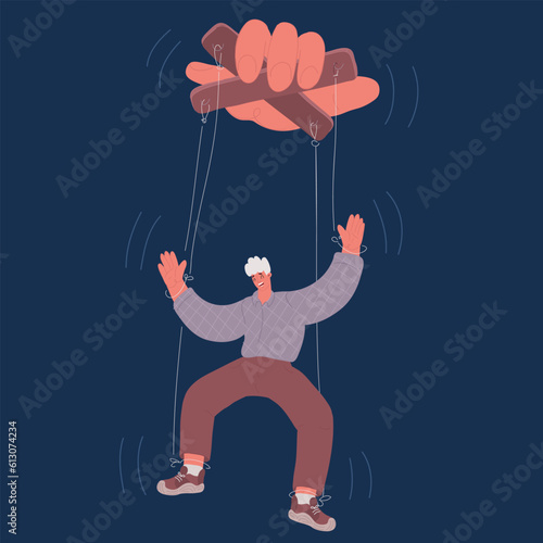 Cartoon vector illustration of controlling man. Hand hold pupped man
